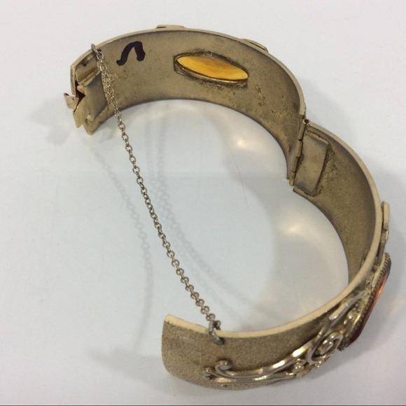 Vintage Whiting And Davis Bangle Bracelet Topaz Stones Safety Chain Art Nouveau - Picture 7 of 8